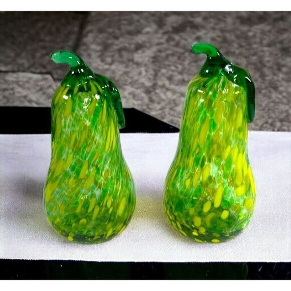 Pair Glass Pears Set Of 2 Hand Blown Mottled Green Yellow Art Glass Fruit 7” - Picture 1 of 4